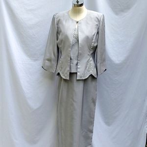Formal Jessica Howard long dress with jacket, beading & embroidery, silver,sz 10